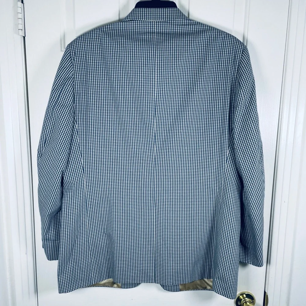 Orvis Mens 44R Gingham Blazer Blue White 3 Button Sport Coat Poly Cotton Blend